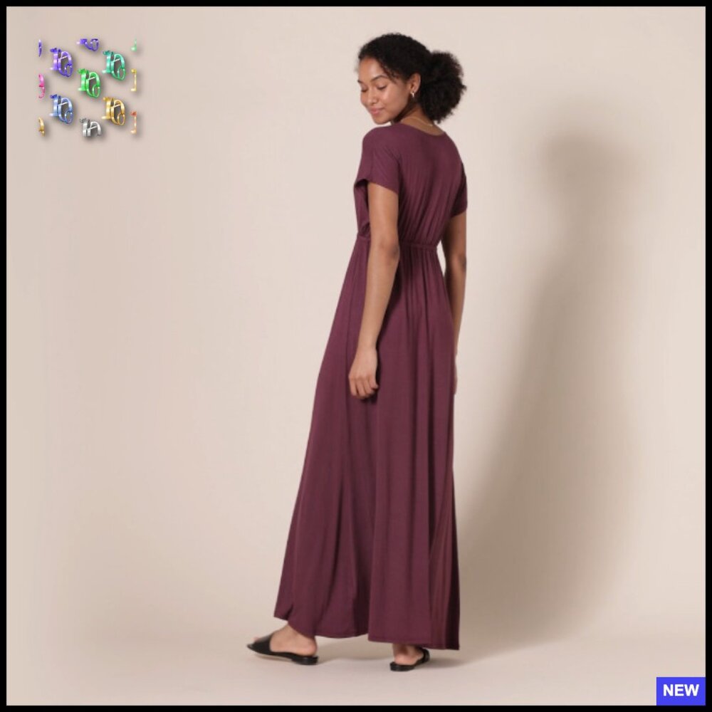 V Neck Short Sleeve Waisted Maxi Dress Flowy Fit & Flare Elegant Day to Night - Picture 7 of 7